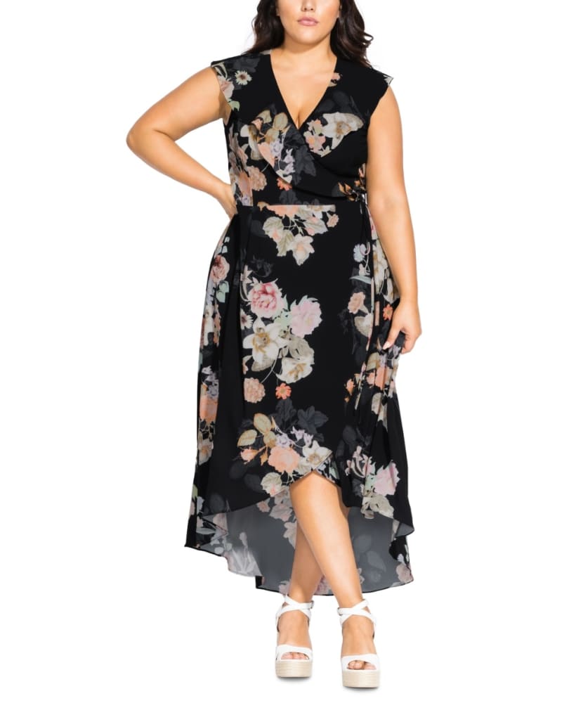 Front of a model wearing a size Petite S City Chic Women's Trendy Plus High Low Maxi Wrap Dress Black Size Petite Small in Black by City Chic. | dia_product_style_image_id:312685
